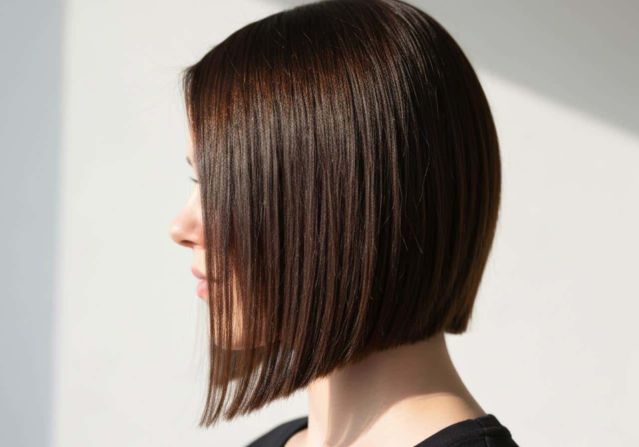 Carré plongeant vue de profil sur cheveux lisses bruns