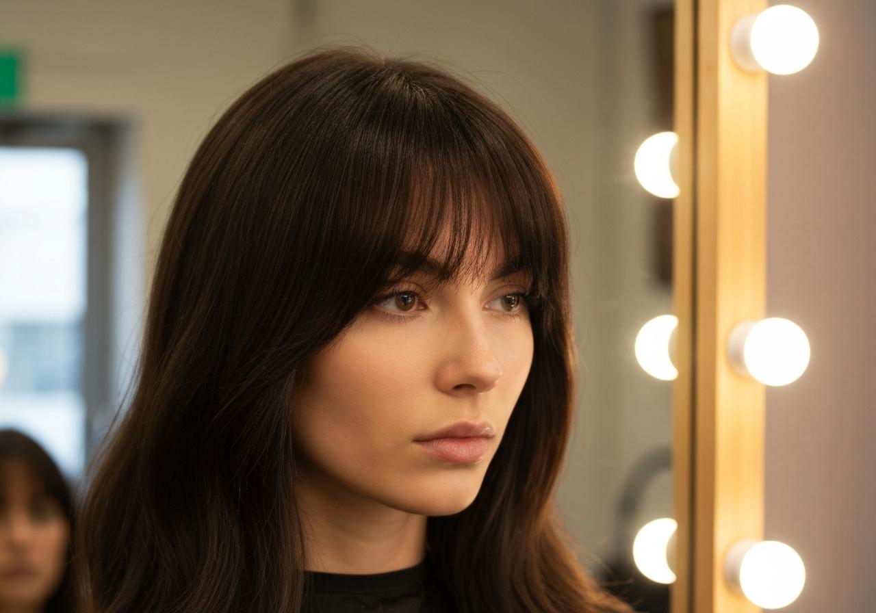 Coiffure frange rideau encadrant visage allongé vue miroir