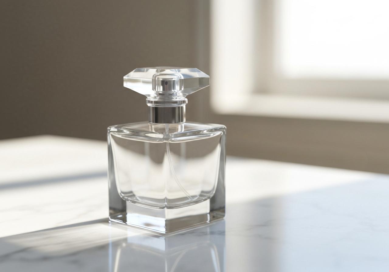Flacon d'eau de toilette posé sur surface naturelle