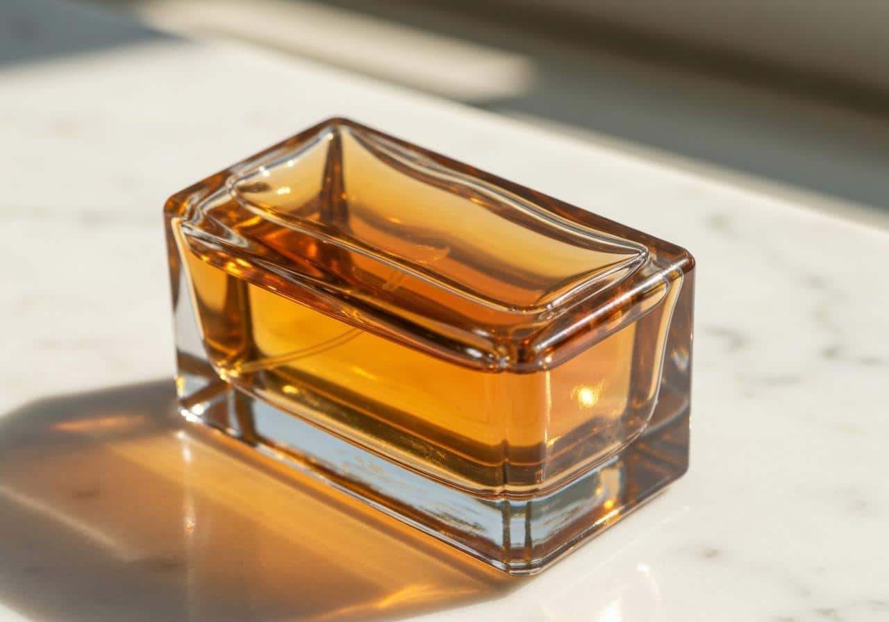 Flacon de parfum oriental ambré sur surface marbre