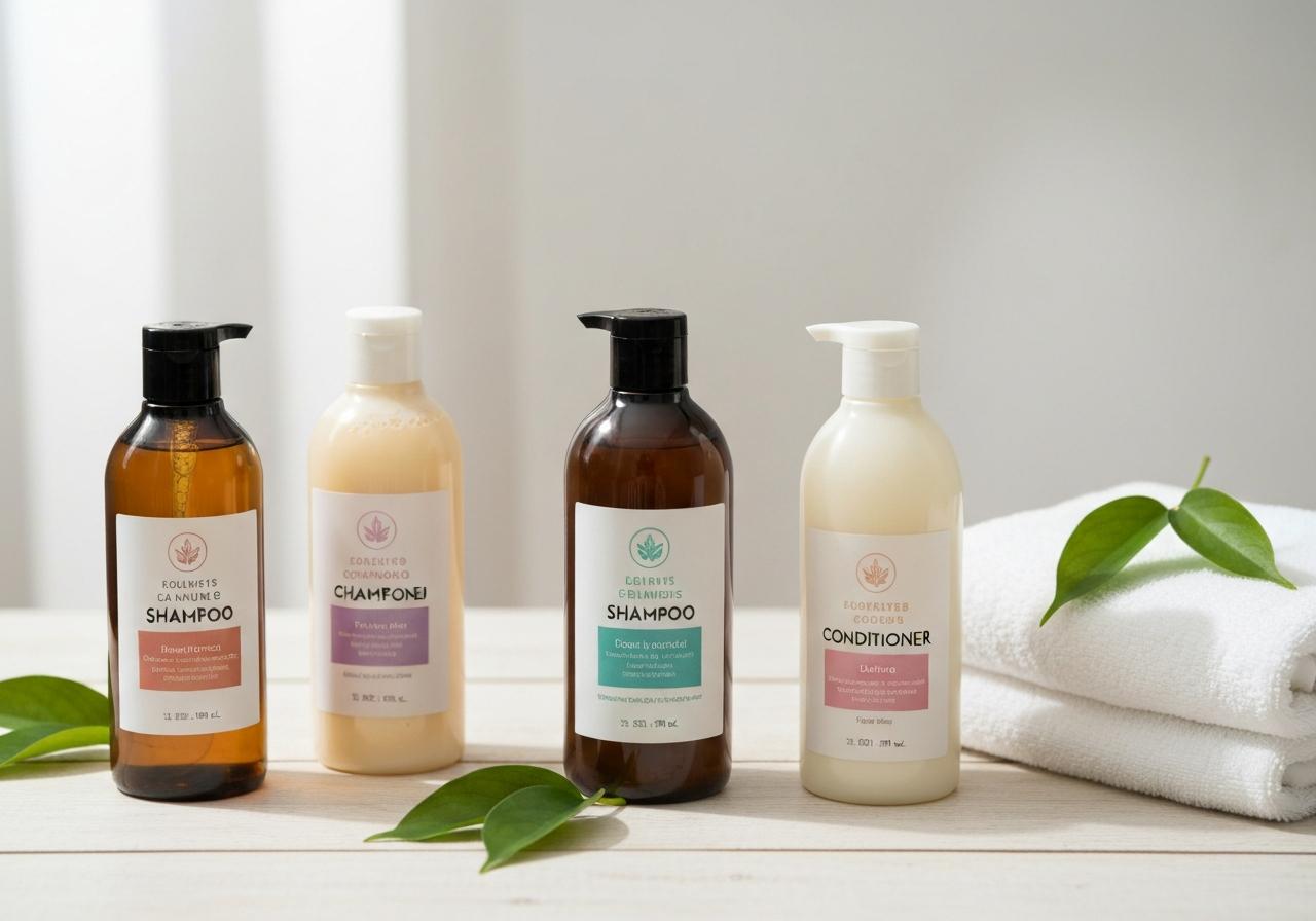 Flacons de shampooing et après-shampooing sur surface en bois