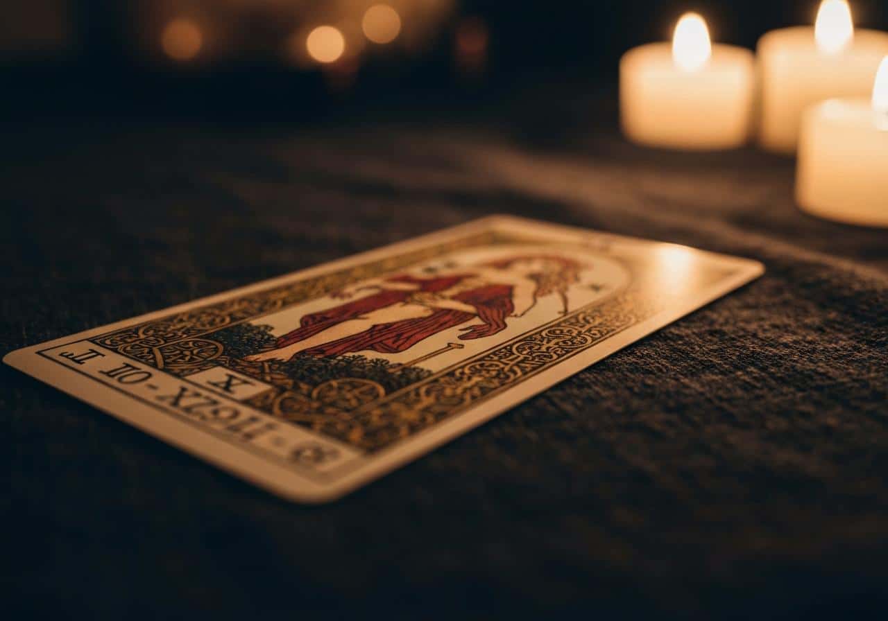 Jeu de tarot posé sur tissu sombre, une carte retournée