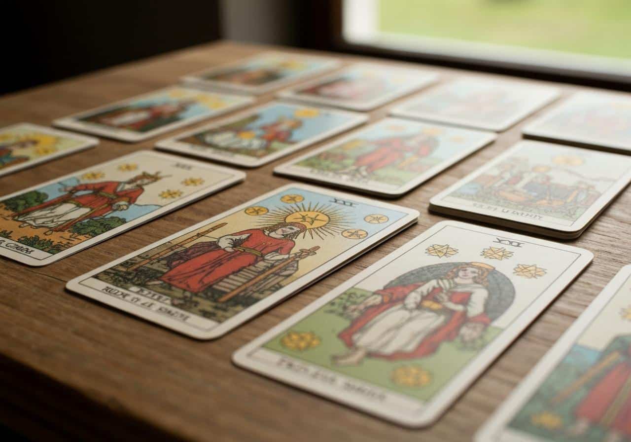Jeu de tarot Rider-Waite-Smith cartes étalées sur table