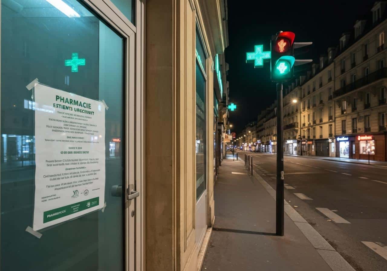 Vitrine pharmacie fermée avec affichage pharmacie de garde