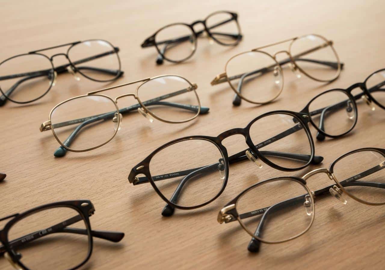 Collection de montures de lunettes homme variées sur surface bois