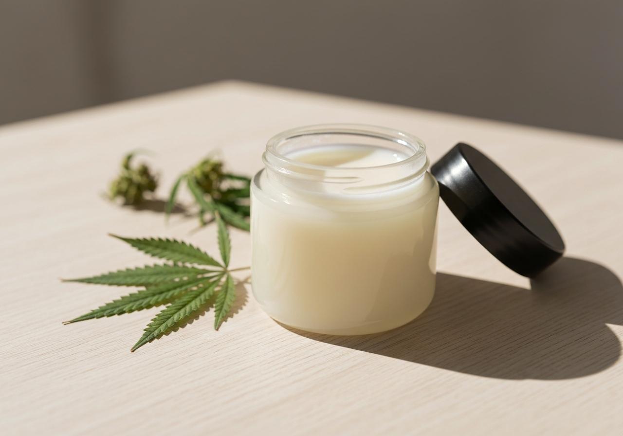 Baume CBD en pot sur surface en bois naturel