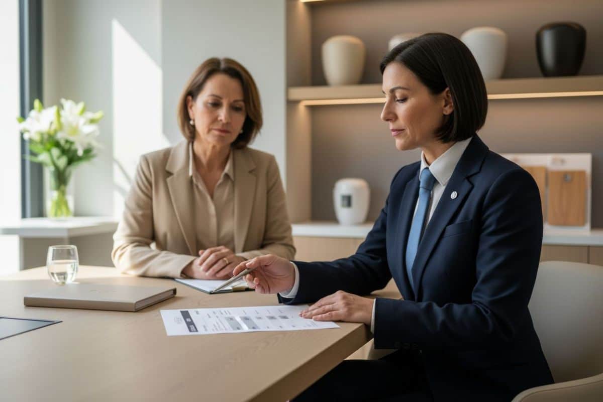 Conseillère funéraire expliquant un document à une cliente